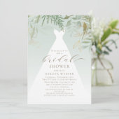 Gold Greenery Wedding Dress Brautparty Einladung (Stehend Vorderseite)