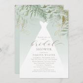 Gold Greenery Wedding Dress Brautparty Einladung (Vorne/Hinten)