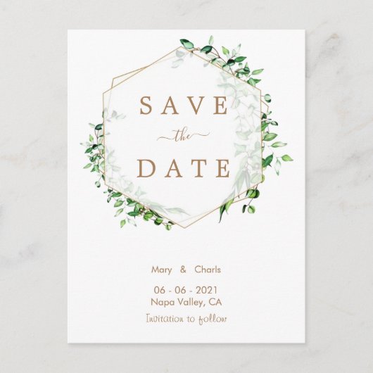 Gold Greenery Wedding Save the Date Postcard Postkarte (Vorderseite)