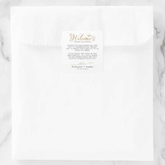 Gold Greenery Wedding Welcome Square Sticker (Tasche)
