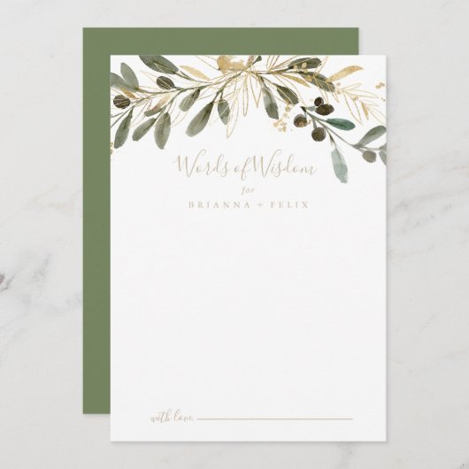 Gold Greenery Wedding Words of Wisdom Advice Card Hinweiskarte (Vorne/Hinten)