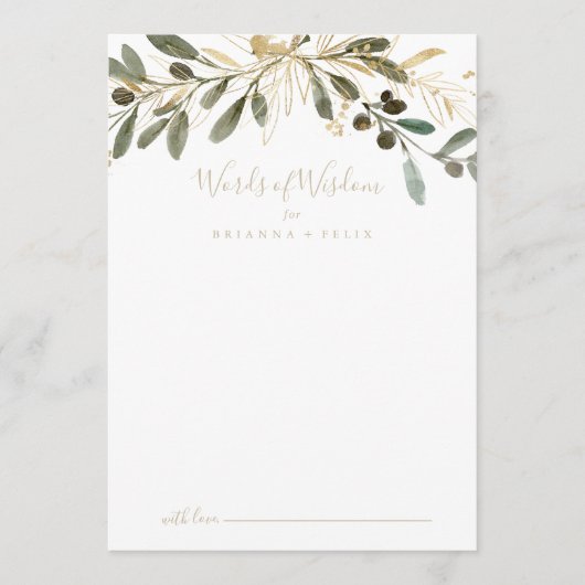 Gold Greenery Wedding Words of Wisdom Advice Card Hinweiskarte (Vorderseite)