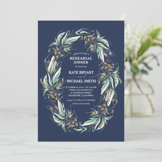 Gold Greenery Wreath Navy Blue Probe Dinner Einladung (Stehend Vorderseite)