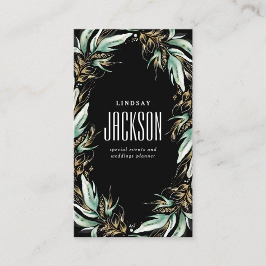 Gold Greenery Wreath Stylish Luxe Solid Black Visitenkarte (Vorderseite)
