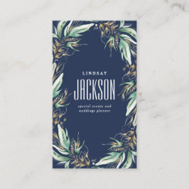 Gold Greenery Wreath Stylish Navy Blue Visitenkarte