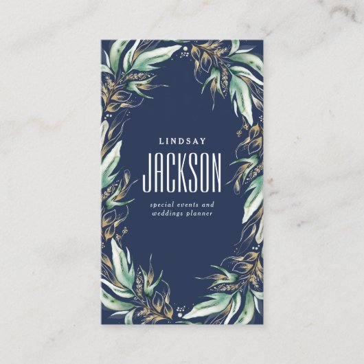 Gold Greenery Wreath Stylish Navy Blue Visitenkarte (Vorderseite)