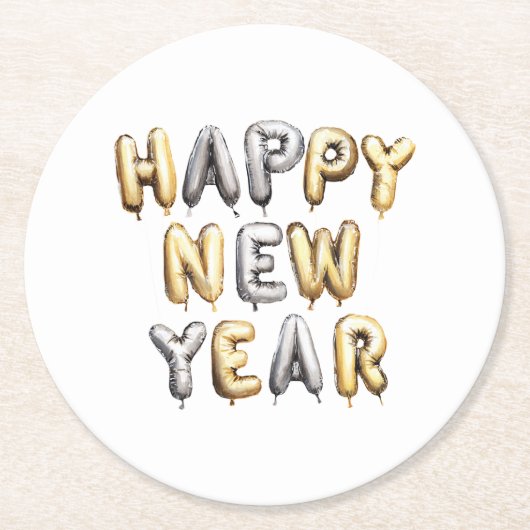Gold Grey Happy New Year Runder Pappuntersetzer (Vorderseite)