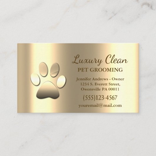 Gold Grooming Service Paw Print Metallic Visitenkarte (Vorderseite)