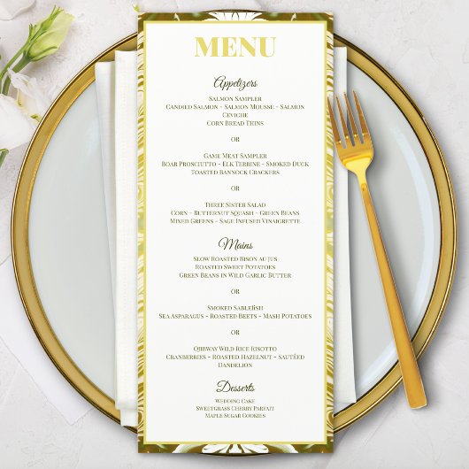 Gold Grün Damast Hochzeit Menükarte