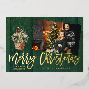 Gold & Grün Rustikales Frohe Weihnachten Ein Foto Folieneinladung