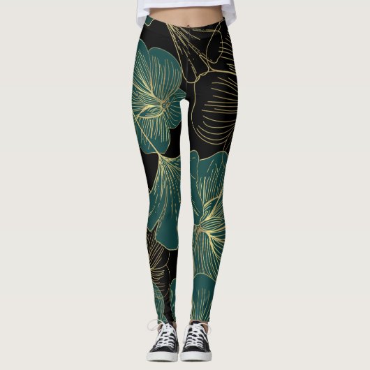 Gold-grüne Blätter Leggings (Vorderseite)