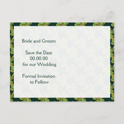Gold, grüne irische Kleeblatt Hochzeit Sichern das Ankündigungspostkarte (Rückseite)
