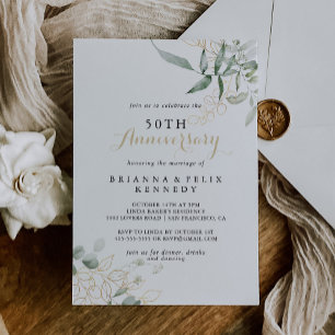 Gold Grünes Blattwerk 50. Hochzeitstag  Einladung