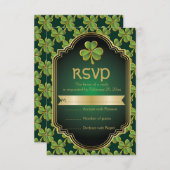 Gold, grünes irisches Klee und Rahmen Hochzeit RSV RSVP Karte (Vorne/Hinten)
