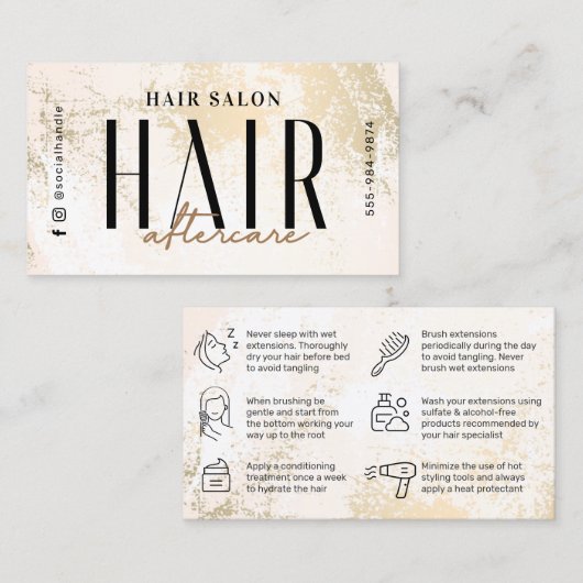 Gold Hair Extensions Aftercare Card Visitenkarte (Vorne/Hinten)