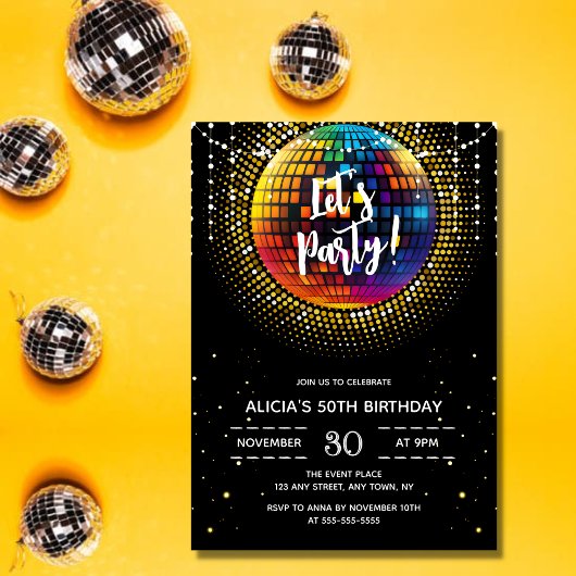 Gold Halftone Disco Ball Let's Party Geburtstag Einladung