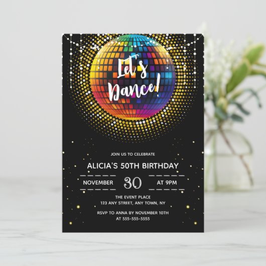 Gold Halftone Farbenfrohe Diskothek Ball Geburtsta Einladung (Stehend Vorderseite)