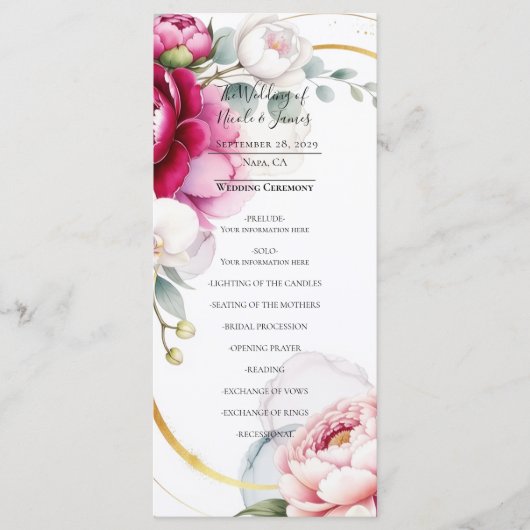 Gold Halo Garten-Pfingstrosen & Orchideen Hochzeit Menükarte (Vorderseite)