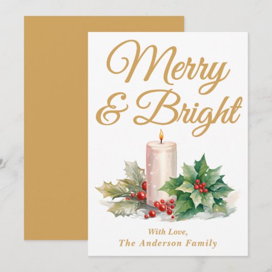 Gold handgeschriebenes Skript Merry & Bright Feiertagskarte (Vorne/Hinten)