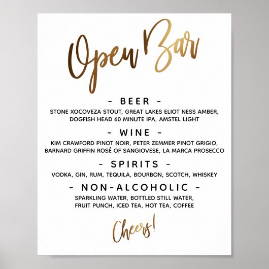 Gold Handwriting Typografy Open Bar Menu Sign Poster (Vorne)