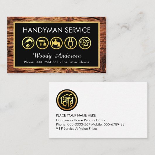 Gold Handyman Tools Frame On Wood Visitenkarte (Vorne/Hinten)