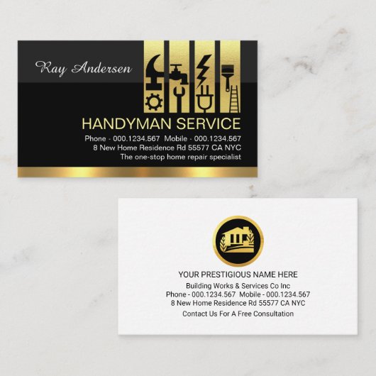 Gold Handyman Tools Tab Building Construction Visitenkarte (Vorne/Hinten)