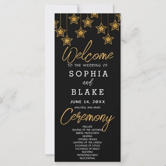 Gold Hanging Stars Black Wedding Program (Vorderseite)