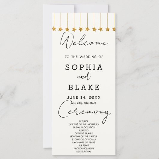 Gold Hanging Stars Off White Wedding Programm (Vorderseite)