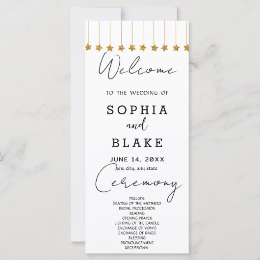 Gold Hanging Stars White Wedding Programm (Vorderseite)