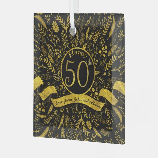 Gold Happy 50th Wedding Anniversary Ornament Aus Glas (Vorderseite links)