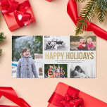 Gold Happy Holidays Christmas Collage 5 Fotokarte Feiertagskarte<br><div class="desc">Diese moderne, helle und fett-knusprige Weihnachtsfotokarte, die mit Imitats goldenen Text Happy Holidays auf weiß und einer Collage von fünf Fotos entworfen wurde, ist individuell gestaltet. Bitte beachten Sie, dass das Gold ein Farbdruck ist und keine Goldfolie ist. Ersetzen Sie die Vorlagenbilder durch Ihre bevorzugten Fotos, und ändern Sie alle...</div>