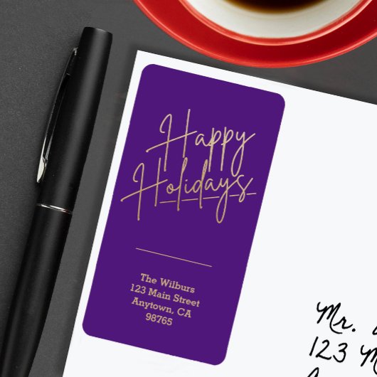 Gold Happy Holidays Purple Return Address Adressaufkleber