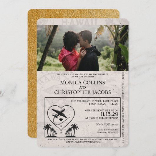 Gold Hawaii Pass Einladung zur Hochzeit (Vorne/Hinten)