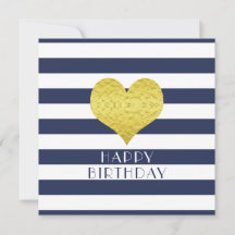 Gold Heart Blue Stripes Happy Birthday