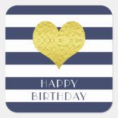 Gold Heart Blue Stripes Happy Birthday Quadratischer Aufkleber (Vorderseite)
