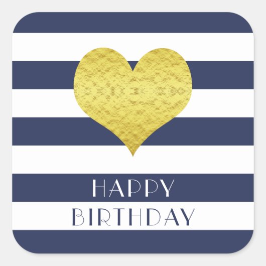 Gold Heart Blue Stripes Happy Birthday Quadratischer Aufkleber (Vorderseite)
