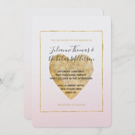Gold Heart Blush Pink Ombre Wedding Einladung (Vorne/Hinten)