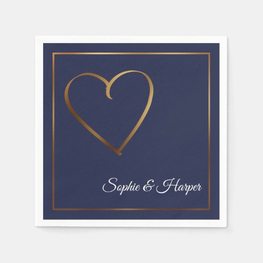 Gold Heart & Border mit Namen auf Navy Blue Serviette (Vorderseite)