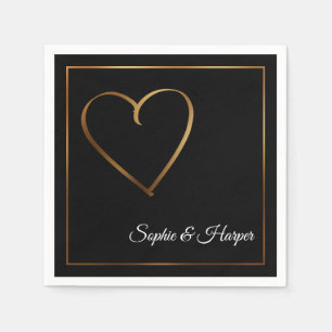 Gold Heart & Border mit Namen auf schwarz Serviette