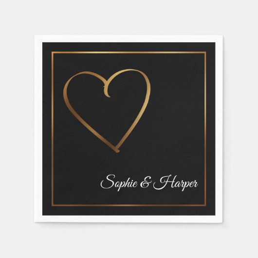 Gold Heart & Border mit Namen auf schwarz Serviette (Vorderseite)