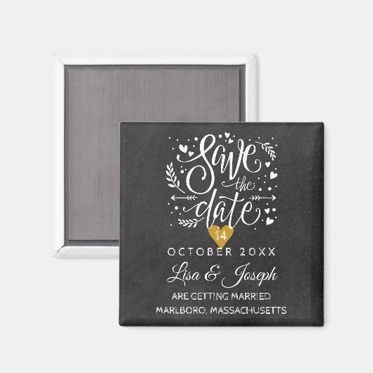 Gold Heart Chalkboard Save the Date Magnet (Vorderseite/Rückseite)