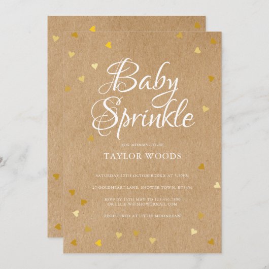 Gold Heart Confetti Baby Sprinkle Rustic Kraft Einladung (Vorne/Hinten)