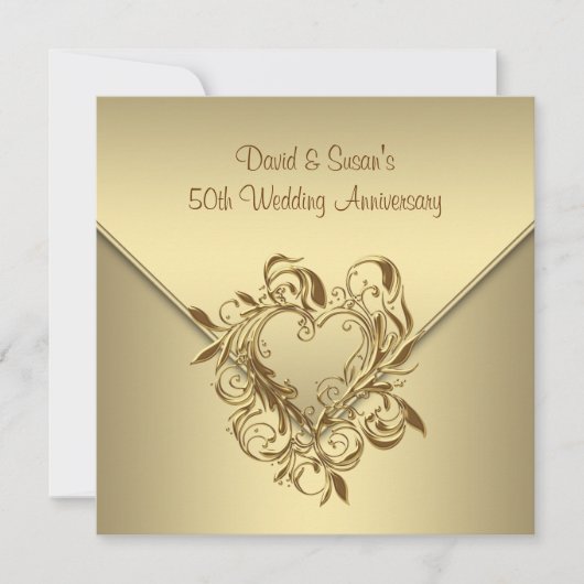 Gold Heart Elegant Gold 50. Hochzeitstag Einladung (Vorderseite)