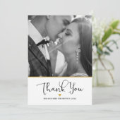 Gold Heart Elegantes Script Wedding Foto Dankeskarte (Stehend Vorderseite)