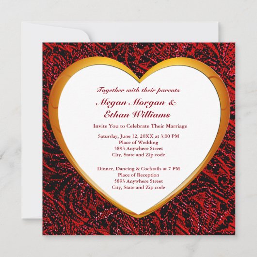 Gold Heart Frame & Red Fabric Wedding Square Einladung (Vorderseite)
