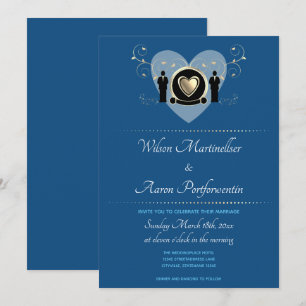 Gold Heart Male Wedding Classic Blue Einladung