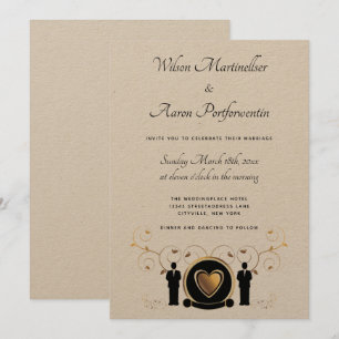 Gold Heart Male Wedding Kraft Papier LGBTQ Einladung