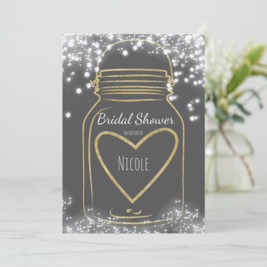 Gold Heart Mason Jar & Sparkle Lights JEDE FARBE Einladung (Stehend Vorderseite)
