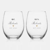 Gold Heart Mr. und Mrs. Newlywed Gift Weinglas Ohne Stiel (Vorderseite)