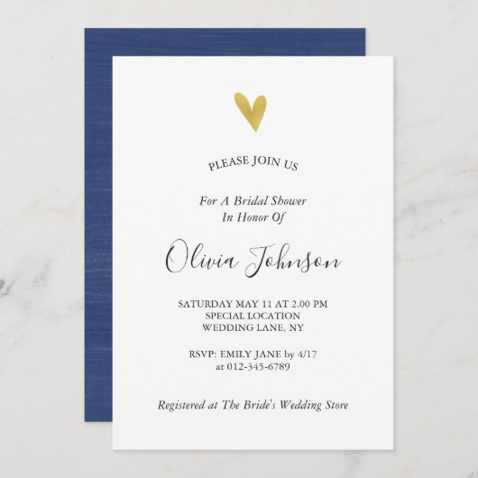 Gold Heart Navy Blue Brautparty Einladung (Vorne/Hinten)